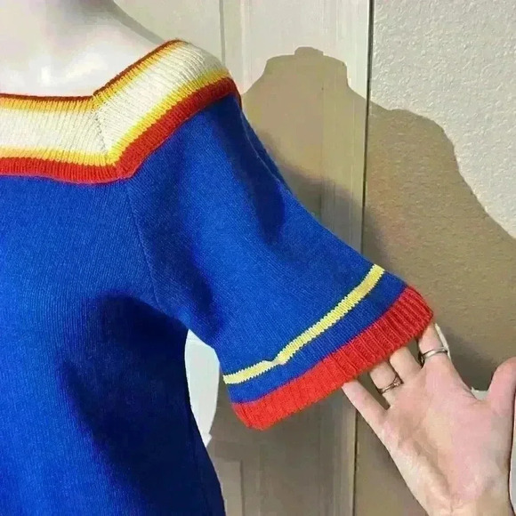 Vintage Lauren Knitwear Corp 60s 70s Cat Logo Ribbed Colorful Knit Top Blouse - Picture 5 of 6